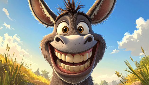 A funny animated donkey with a huge, toothy grin smiles happily in a sunny field.