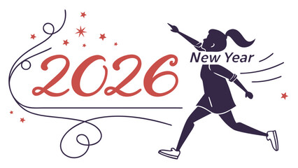 Illustration of a woman running towards the new year 2026 with stars and decorative swirls