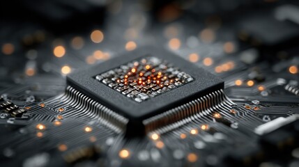 Close-up of a central processing unit (CPU) on a circuit board, technology concept