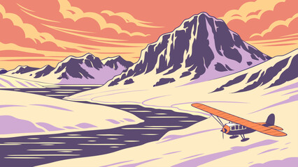 Orange airplane flying over a snowy landscape with mountains and a winding river at sunset view