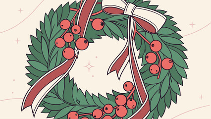 Illustration of a christmas wreath with green leaves red berries and a white ribbon bow decoration