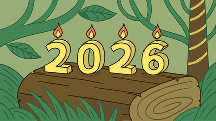 Cartoon image of year twenty twenty six candles on a log in a forest with green foliage around it