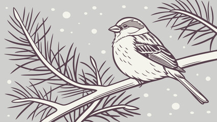 Sparrow perched on a pine branch with falling snow in a winter scene illustration style image