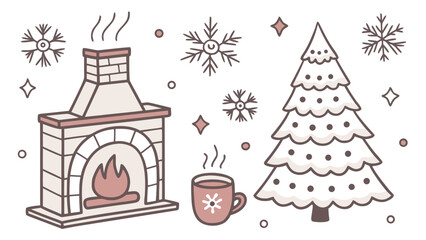 A cozy christmas scene with a fireplace christmas tree snowflakes and a warm cup of hot chocolate