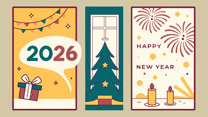 Three new year cards with 2026 gift tree and fireworks celebrating the upcoming new year holiday