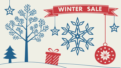 Winter sale banner with tree snowflake ornament and gift box design for holiday promotional event