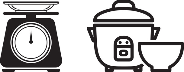 Outline Icons of Kitchen Measuring Scale and Rice Cooker with Bowl