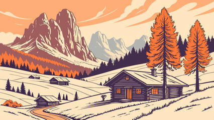 Illustration of a winter landscape with log cabins and mountains under a cloudy sky drawing style