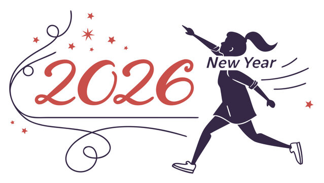 Illustration of a woman running towards the new year 2026 with stars and decorative swirls - Powered by Adobe