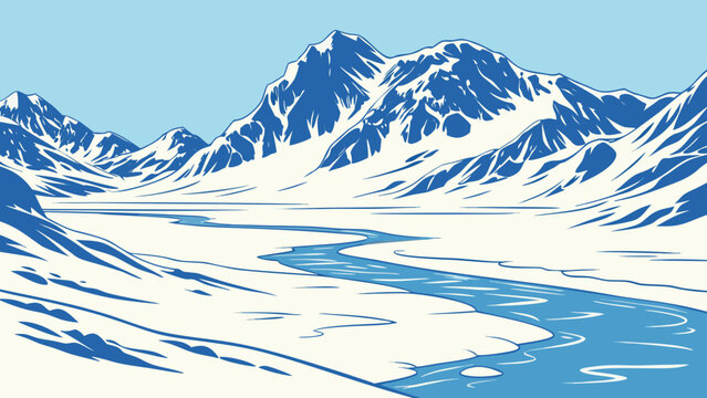 A snowy mountain range with a winding river flowing through the valley landscape illustration image
