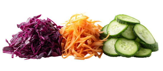 Three piles of shredded vegetables including red cabbage carrots and cucumber isolated on transparent background
