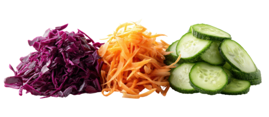 Three piles of shredded vegetables including red cabbage carrots and cucumber isolated on transparent background