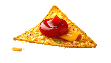Nacho chip topped with cheese and ketchup