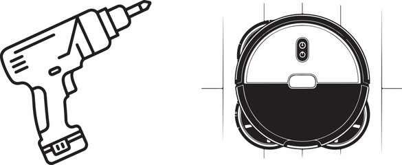 Vector Outline Icons of Cordless Drill and Robotic Vacuum Cleaner