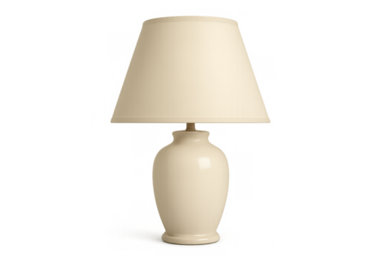 Cream table lamp illuminating interior space, providing decorative home lighting and comfortable ambiance on transparent background