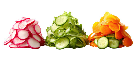 Three colorful vegetable towers of radish cucumber and carrot isolated on transparent background