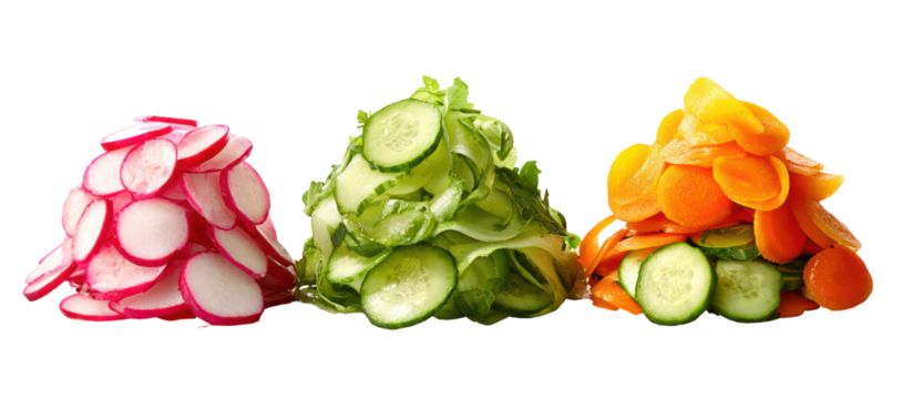 Three colorful vegetable towers of radish cucumber and carrot isolated on transparent background