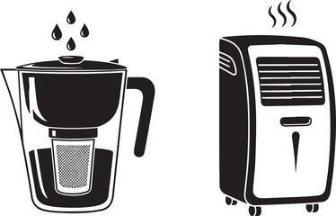 Black and White Vector Icons of Water Filter Pitcher and Portable AC Unit