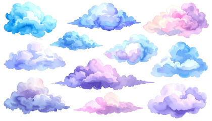Collection of stylized, puffy, pastel-colored watercolor clouds