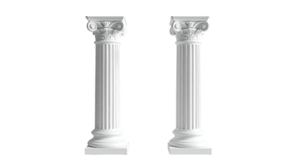 Two white ionic columns stand against a stark black backdrop