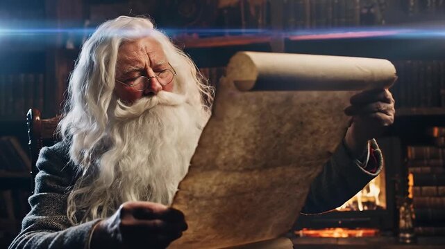 Elderly Man with Long White Hair and Beard Reading Ancient Scroll in Cozy Library