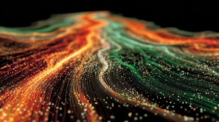 Abstract flowing lines with particles depicting data streams or energy flows against black