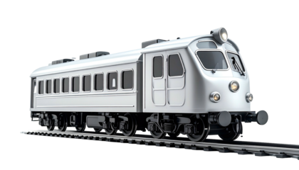 Silver passenger train model on tracks against a black background