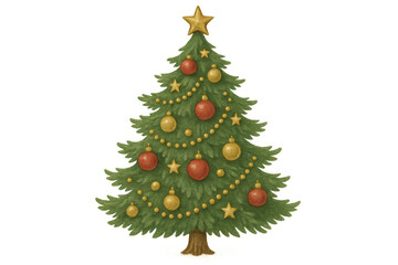Christmas tree decorating holiday celebration with star, ornaments, and garland vector art on transparent background