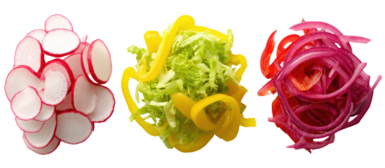 Three abstract colorful organic shapes isolated on transparent background