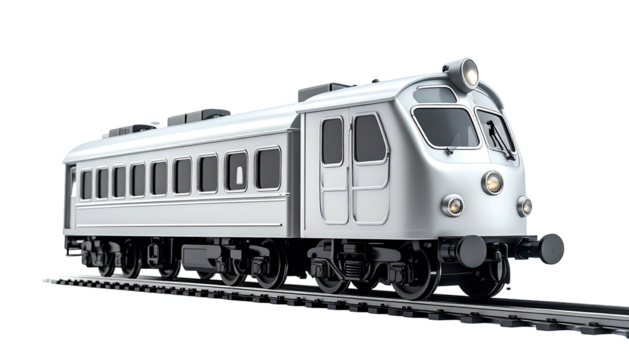 Silver passenger train model on tracks against a black background