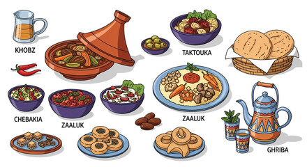Hand-drawn vector illustration set of popular Moroccan cuisine including tagine couscous and salads.