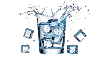 Ice cubes splash dramatically from a clear glass of water