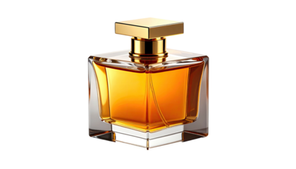 Elegant glass bottle with golden liquid and square gold cap