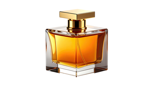 Elegant glass bottle with golden liquid and square gold cap