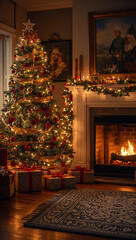 Christmas background living room with warm lights glowing fireplace cozy atmosphere