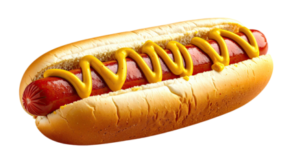 Hotdog with yellow mustard in a bun, isolated