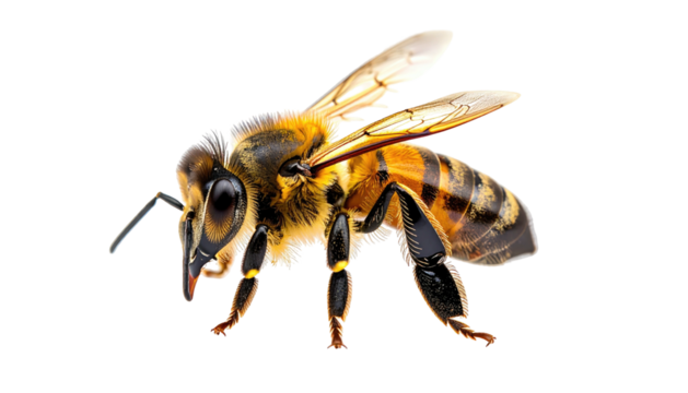 Detailed side view of a bee, wings extended, on black field