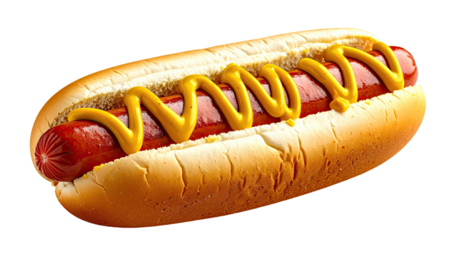 Hotdog with yellow mustard in a bun, isolated
