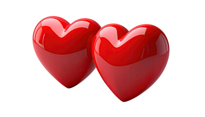 Two glossy, bright red hearts isolated on a black background