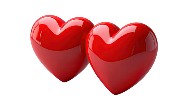 Two glossy, bright red hearts isolated on a black background - Powered by Adobe