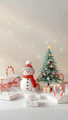 Obraz premium 3D cute Christmas background soft pastel colors snowman gifts candy canes snowflakes smooth lighting