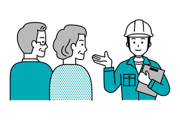 年配の夫婦に提案する作業員の男性