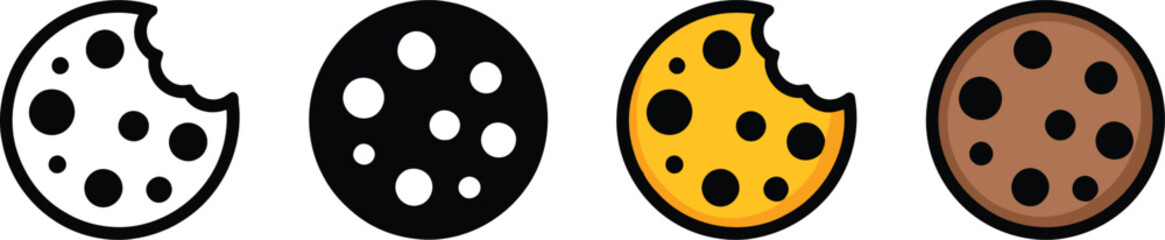 Fototapeta premium Diverse cookie icons portray tasty chocolate chip treats, some bitten, set against white