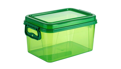 Green plastic storage box with lid and handle isolated on black