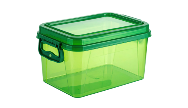 Green plastic storage box with lid and handle isolated on black