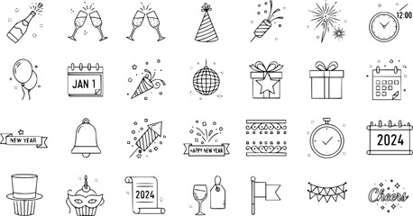 New Year's Eve celebration outline icons set. Hand-drawn doodle style vector collection of festive party symbols like champagne, fireworks, clock, calendar, and gifts.