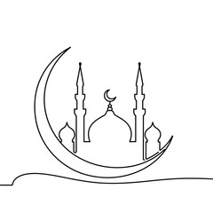 Minimalist crescent moon and mosque silhouette line art