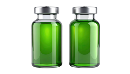 Two vials filled with green liquid, glass, and silver caps