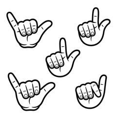 Set of five hand gestures in black and white outline style