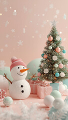 3D cute Christmas background soft pastel colors snowman gifts candy canes snowflakes smooth lighting